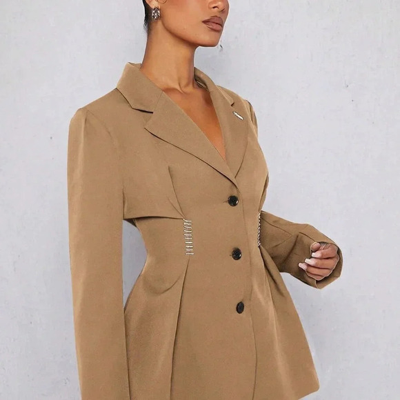 Camel Elegant Women's Pleated Flare Hem Button Up Blazer - Picture 3 of 5